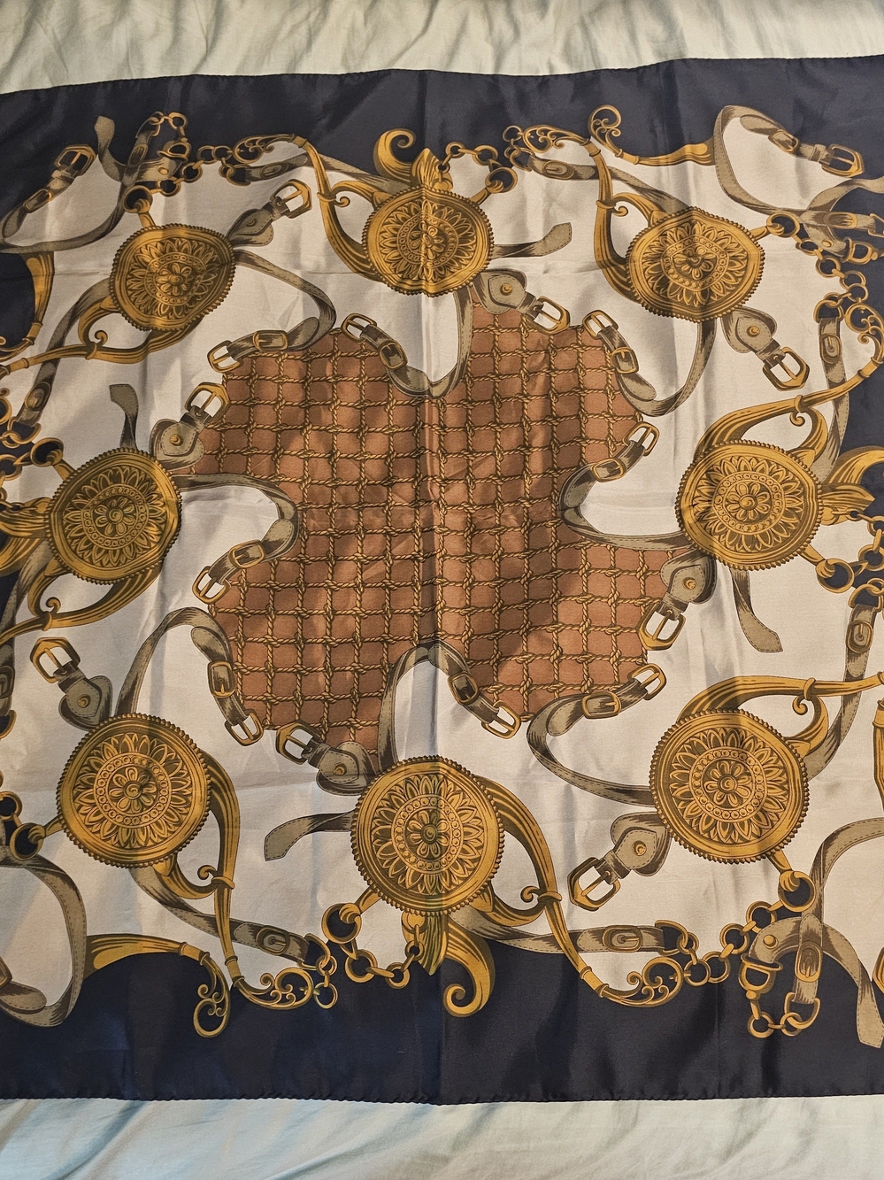 Vintage Silk Equestrian Scarf Navy Gold Carriage Bit Motif